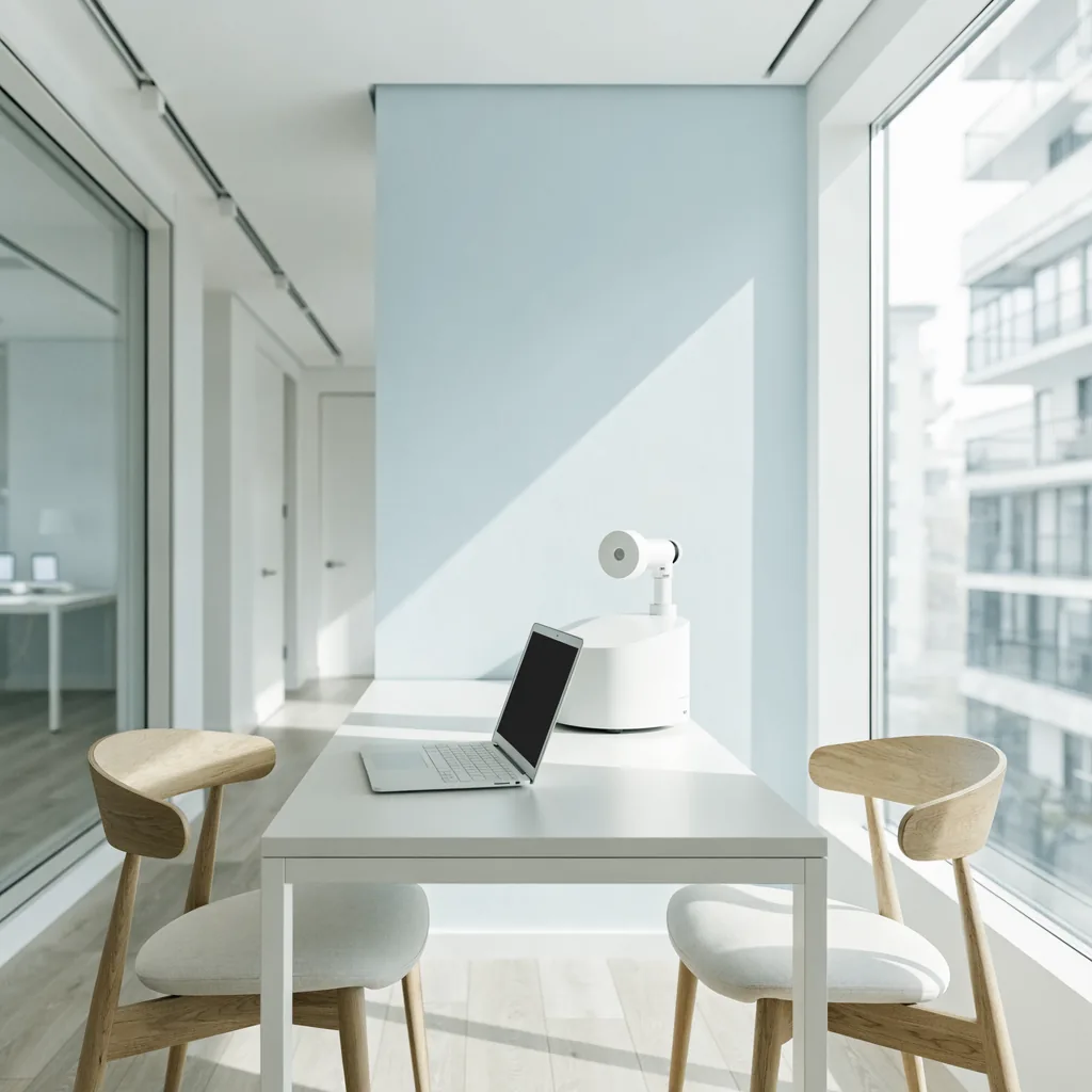 Clean consultation desk with a white laptop, a skin analysis device and two chairs, pale-blue accent wall, morning light,…