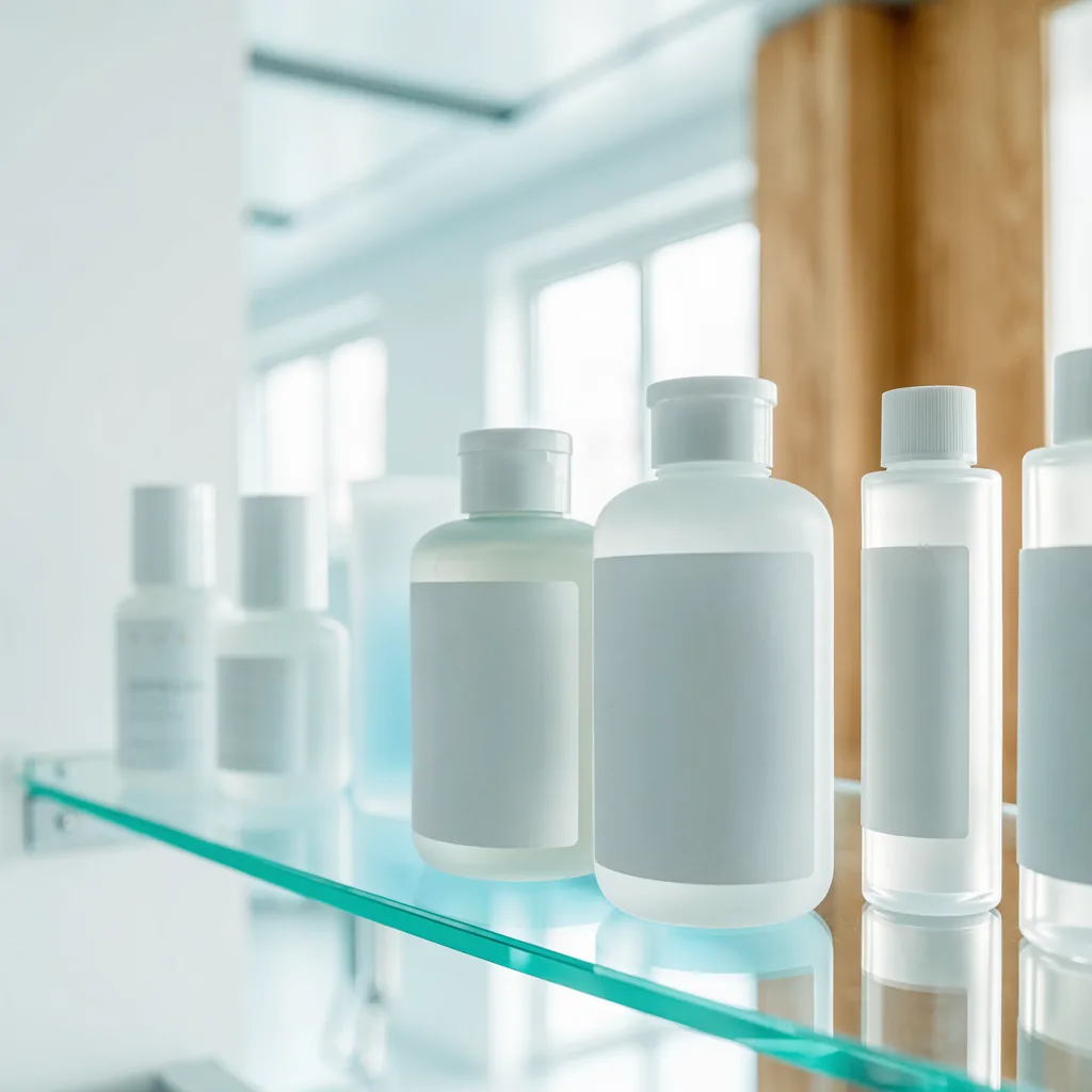 Close-up of skincare products with plain white labels without text arranged on a glass shelf, soft blue backlight