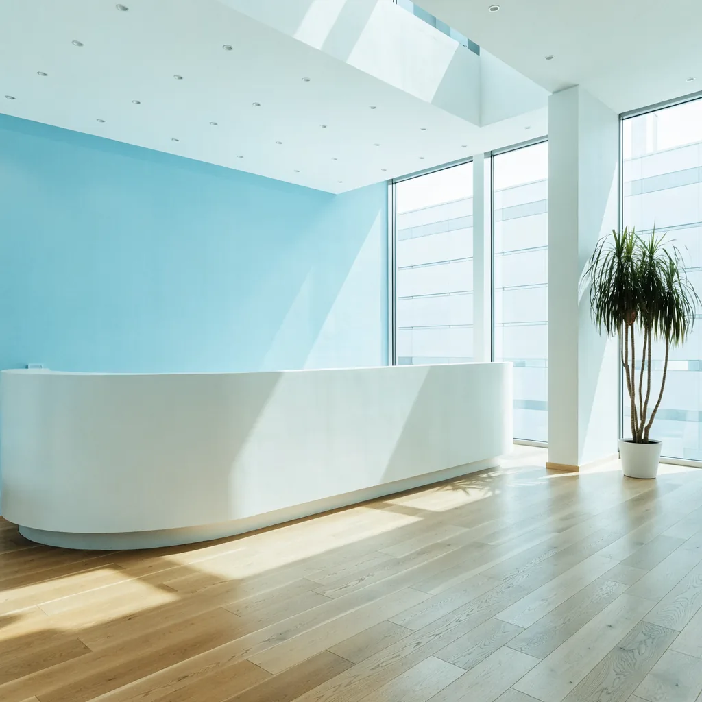 Modern clinic reception with a white curved counter, light oak floor, soft blue back wall, a tall plant, empty