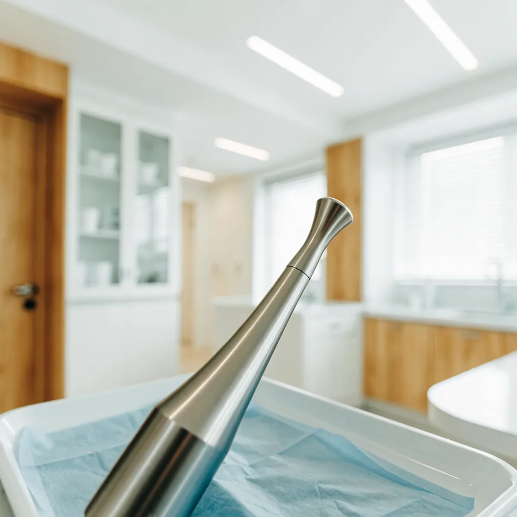 Detail of a plain unbranded laser aesthetic device handpiece resting on a white tray with blue sterile drape, clean and pr…