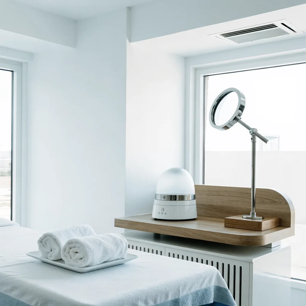 Bright treatment room corner with a facial steamer, magnifying lamp and neatly rolled white towels, soft daylight